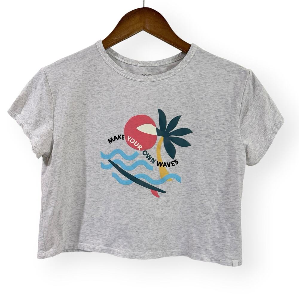 Athleta Girl Make Your Own Waves Crop T-Shirt L/12 Gray Graphic Tee Summer Beach